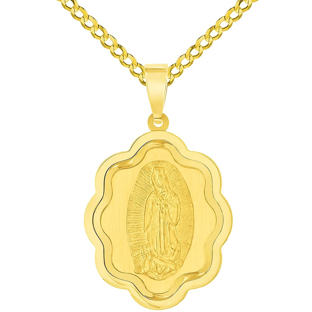 14k Yellow Gold Elegant Miraculous Medal of Our Lady of Guadalupe Pendant with Cuban Chain Curb Necklace