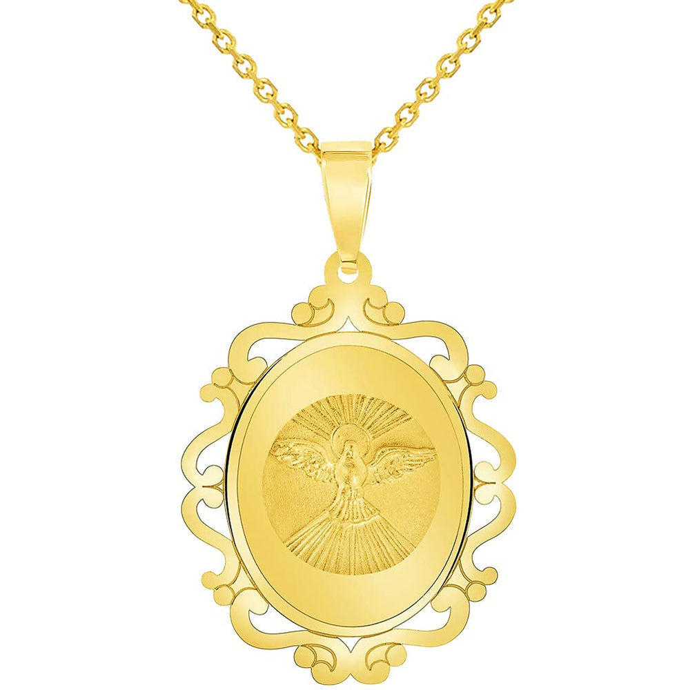 14k Yellow Gold Holy Spirit Dove Religious Elegant Ornate Medal Pendant Necklace