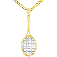 Load image into Gallery viewer, 14k Yellow Gold Textured Tennis Racket Sports Pendant with Figaro Chain Necklace
