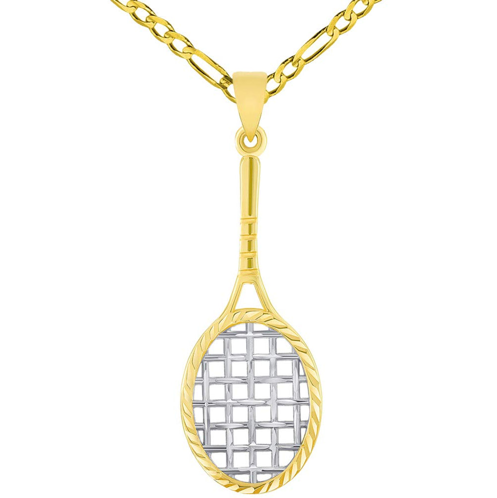 14k Yellow Gold Textured Tennis Racket Sports Pendant with Figaro Chain Necklace