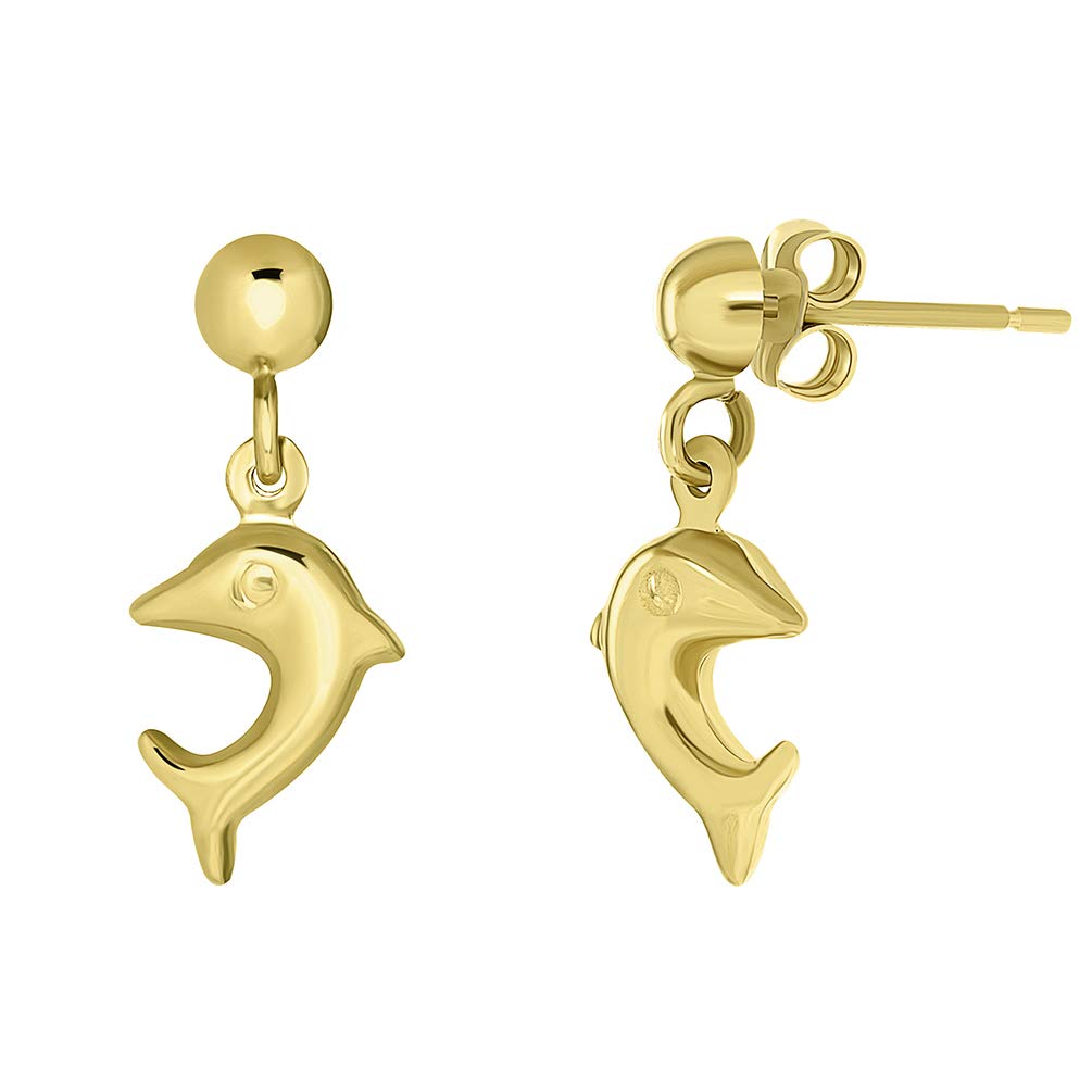 14k Yellow Gold Jumping 3D Dolphin Dangle Drop Earrings with Friction Back