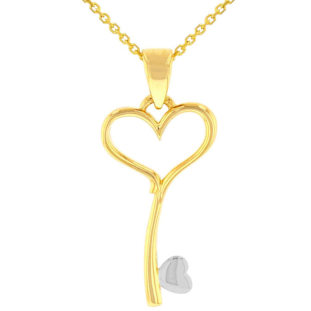 Solid 14K Yellow Gold Open Heart Love Curved Key Pendant Necklace