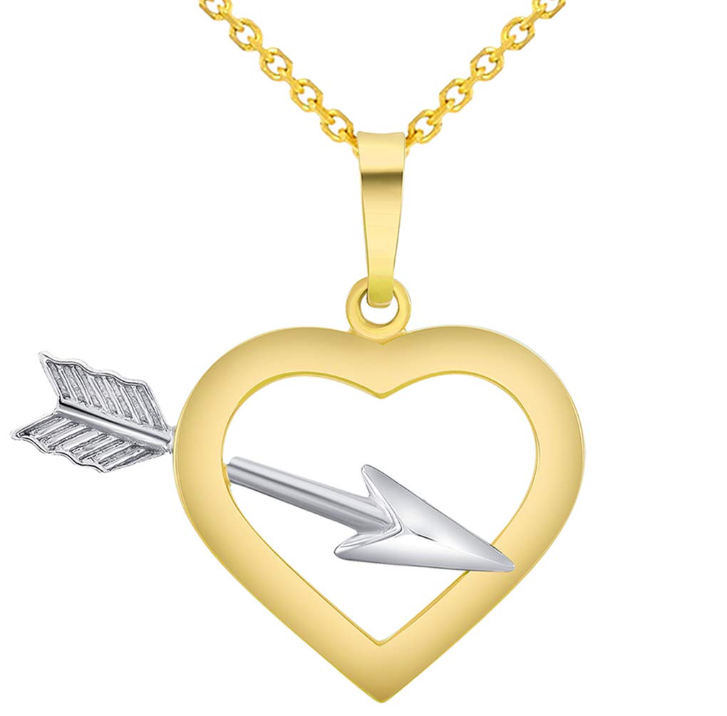 14k Two-Tone Gold 3D Love Arrow Through Open Heart Charm Pendant Necklace