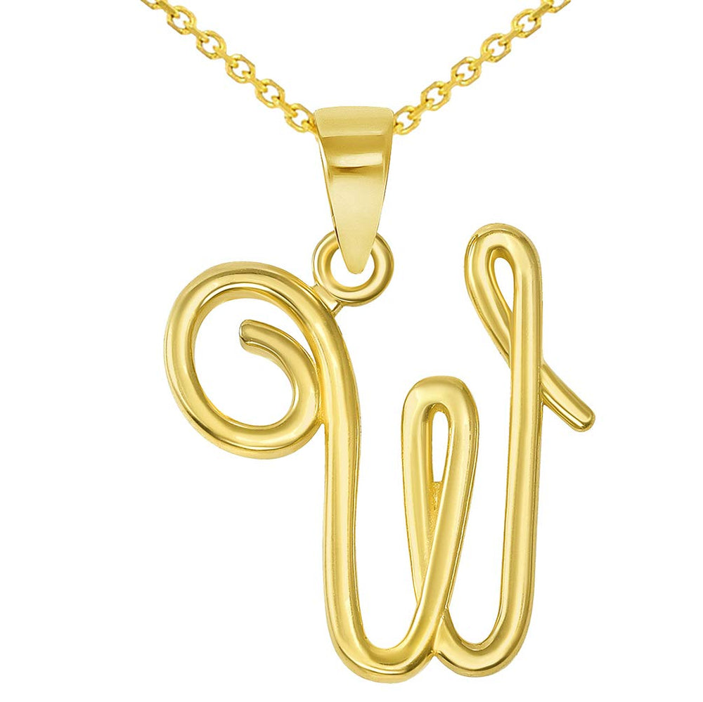 14k Yellow Gold Elegant Script Letter W Cursive Initial Pendant Necklace