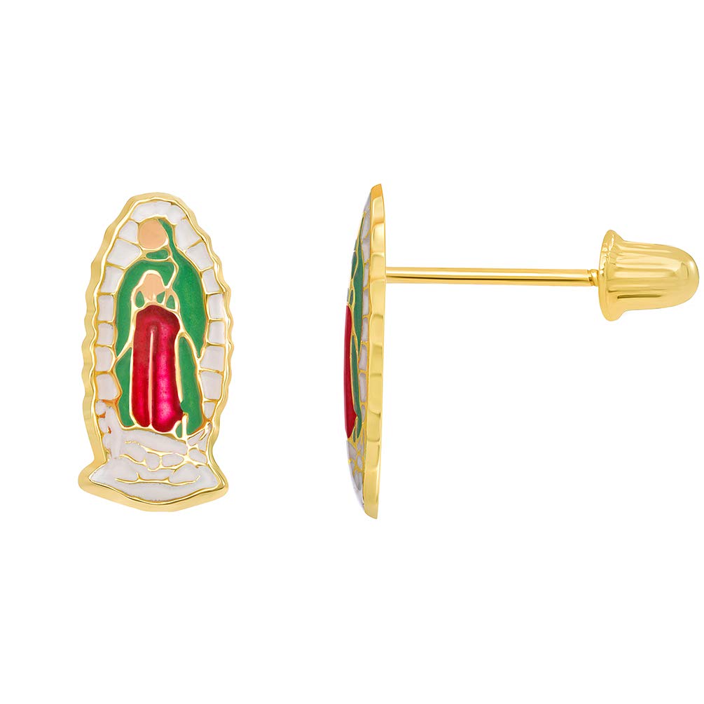 14k Yellow Gold Enamel Miraculous Our Lady Of Guadalupe Stud Earrings with Screw Back
