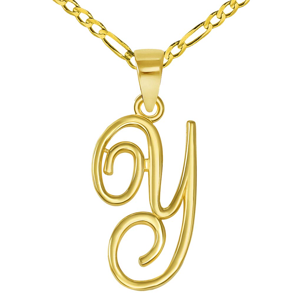 14k Yellow Gold Elegant Script Letter Y Cursive Initial Pendant with Figaro Chain Necklace