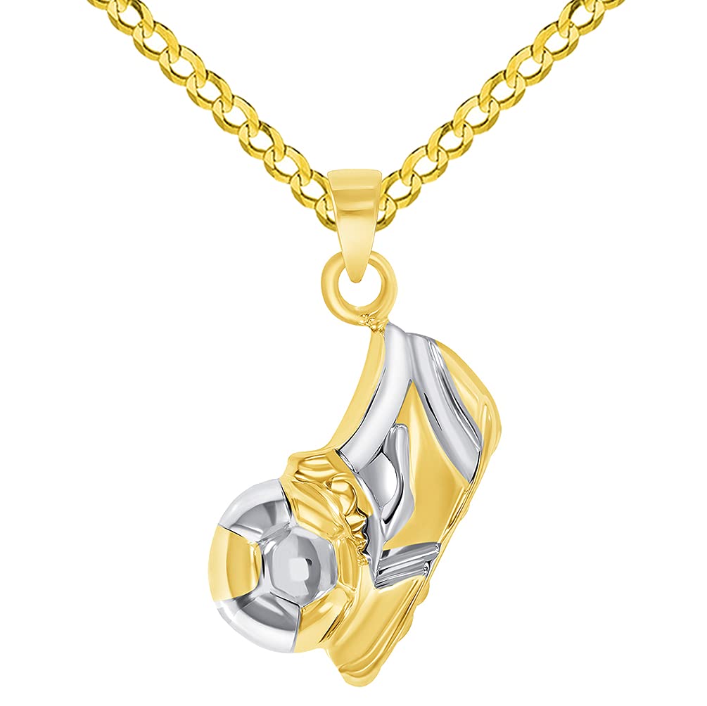 14k Yellow Gold 3D Soccer Shoe Kicking Ball Charm Two-Tone Football Sports Pendant Cuban Curb Chain Necklace