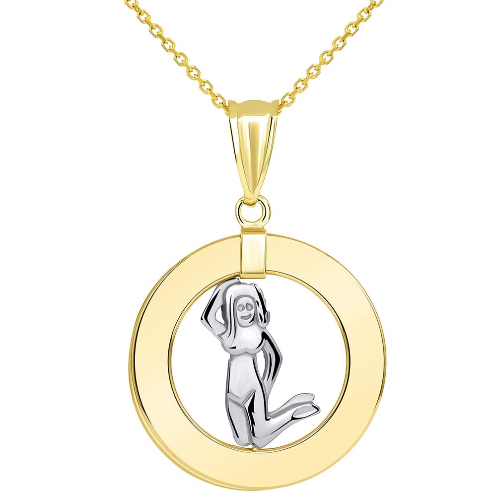 Solid 14k Two Tone Gold Open Circle Virgo Zodiac Sign Pendant Necklace