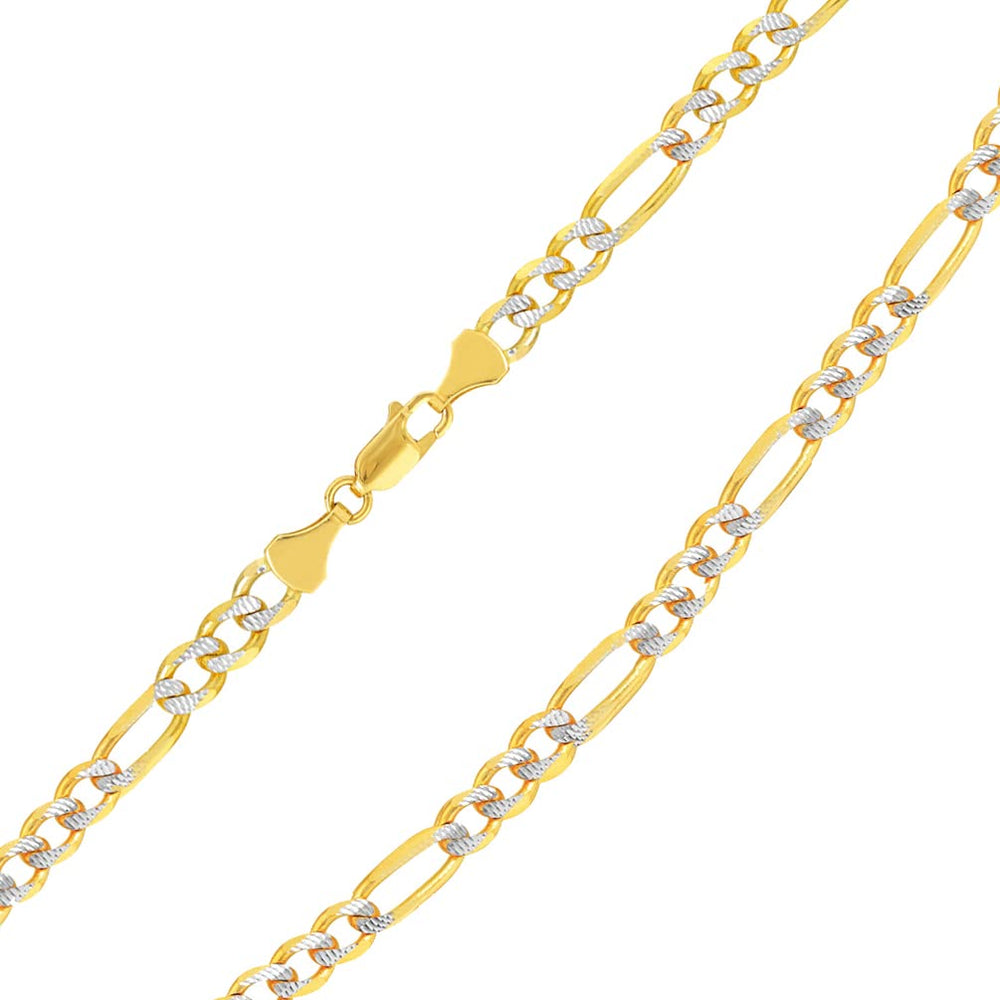 Solid 14k Yellow Gold 5mm Pave Two-Tone Figaro Link Chain Necklace with Lobster Claw Clasp