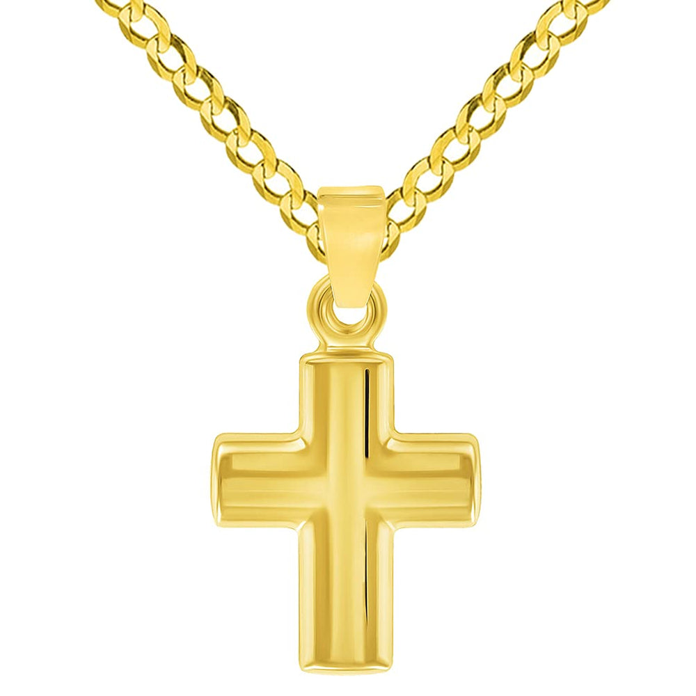 14k Yellow Gold Polished Simple Mini Religious Cross Charm Pendant with Cuban Chain Curb Necklace