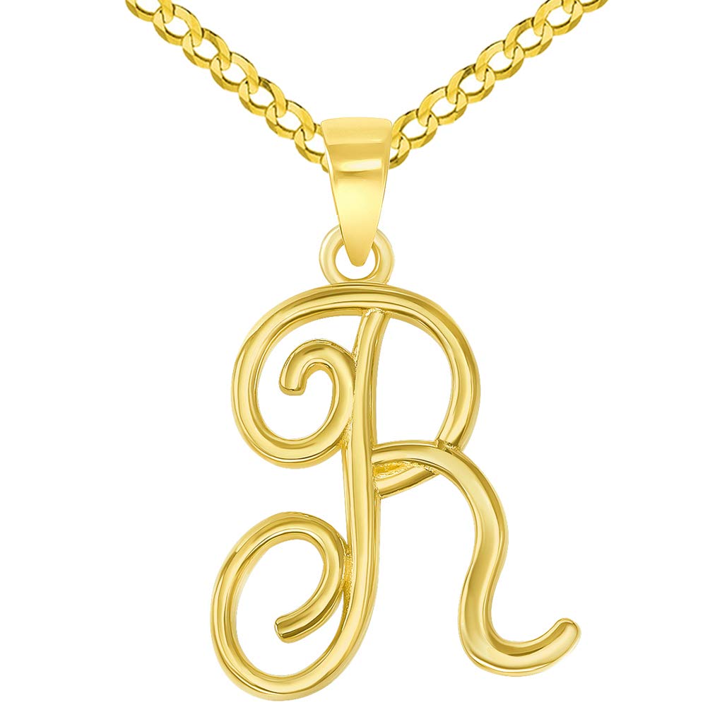 14k Yellow Gold Elegant Script Letter R Cursive Initial Pendant with Concave Cuban Link Curb Chain Necklace
