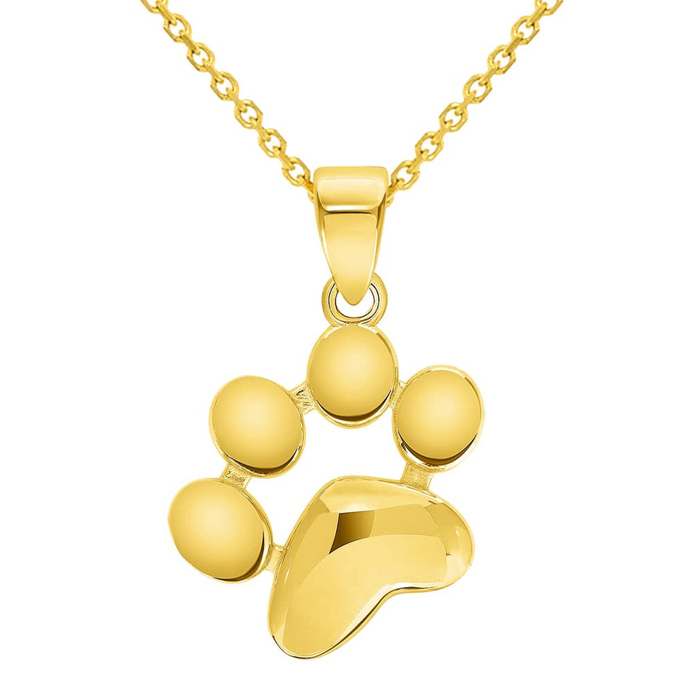 Solid 14k Yellow Gold Dog Paw Print Charm Pendant with Rolo Cable Chain Necklace