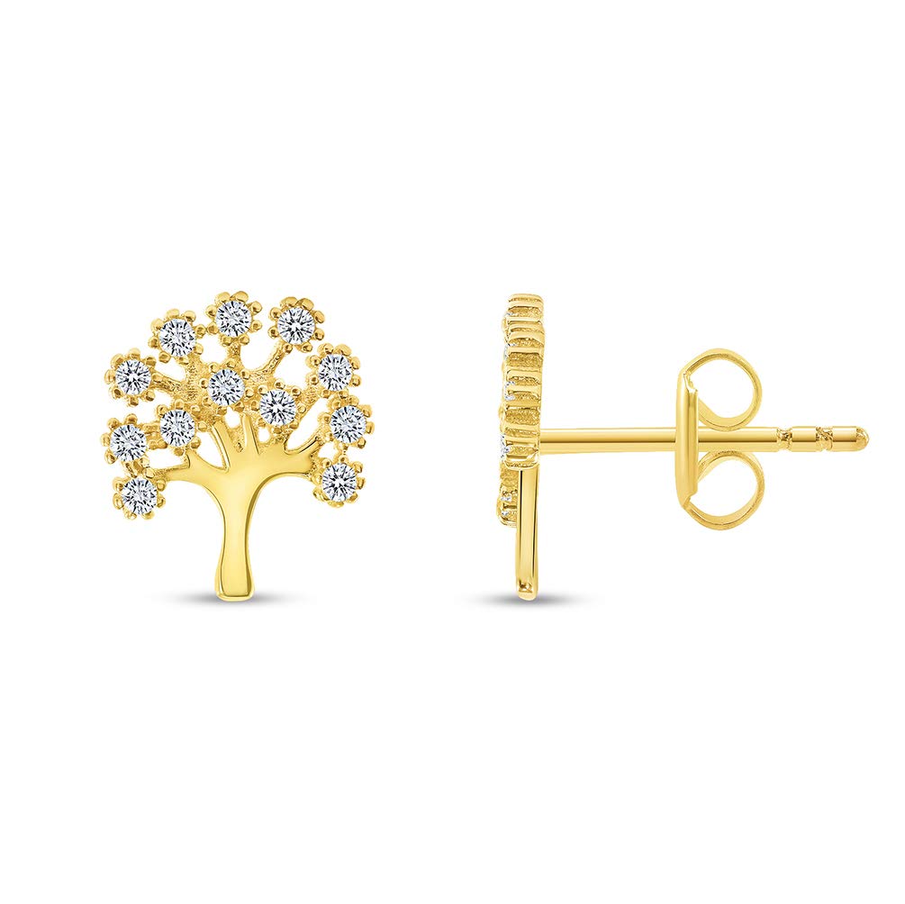Solid 14k Yellow Gold Cubic-Zirconia Family Tree of Life Symbol Stud Earrings with Screw Back, 9.5mm