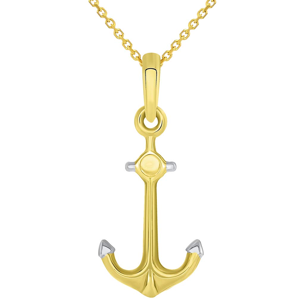 Solid 14k Yellow Gold Two Tone Anchor Charm Nautical Marine Pendant Necklace