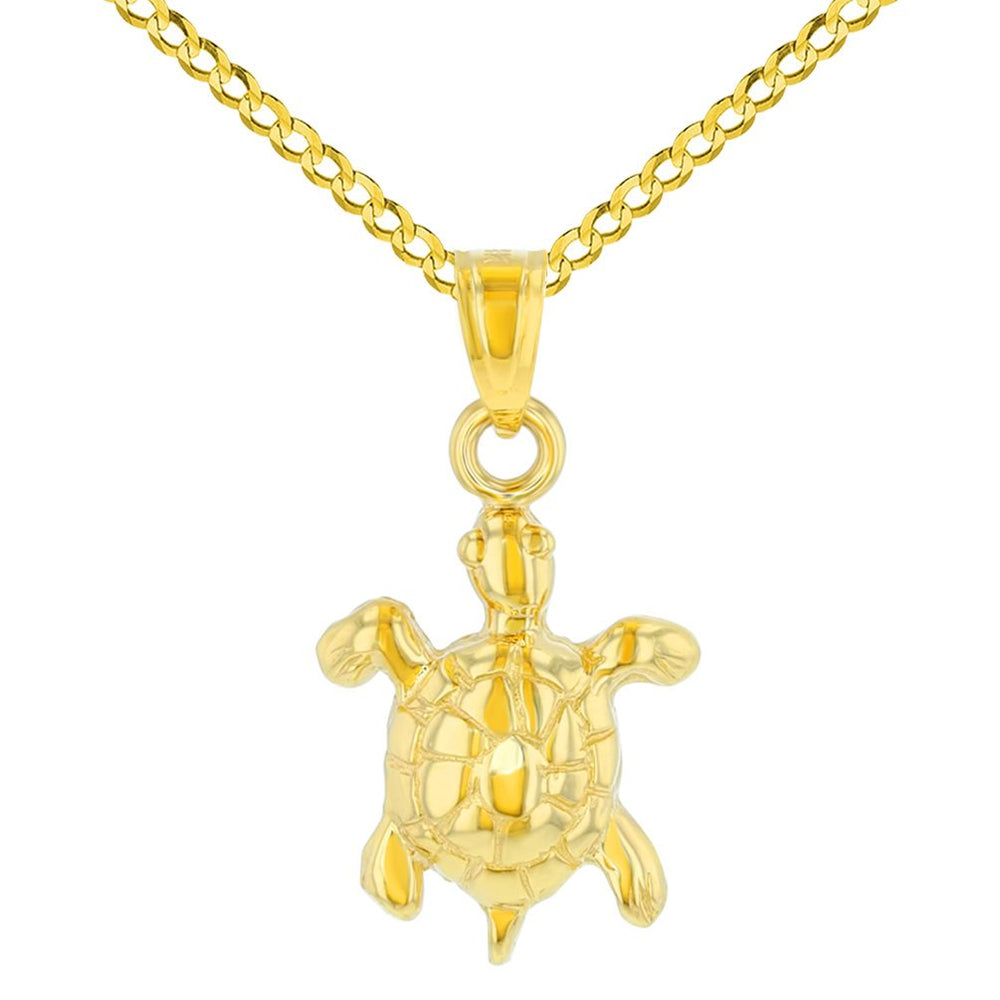 14K Yellow Gold Polished Good Luck Turtle Charm Animal Pendant Cuban Chain Necklace