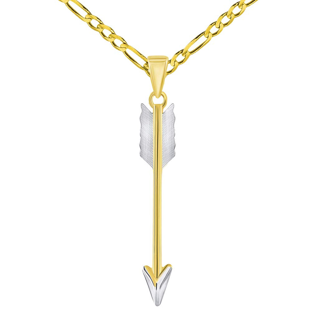 14k Yellow Gold Tribal Feather Arrow Charm Pendant with Figaro Chain Necklace
