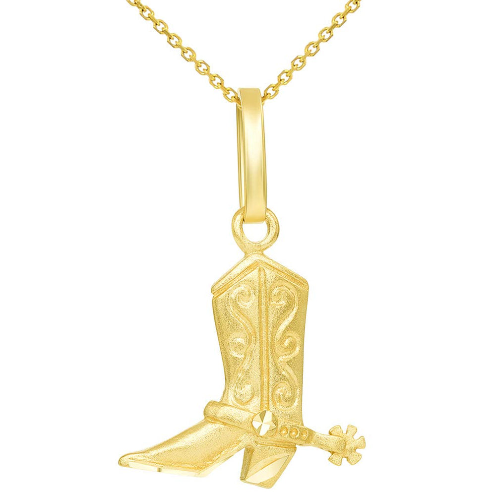 Solid 14k Yellow Gold Detailed 3D Cowboy Riding Boot with Spur Pendant Necklace