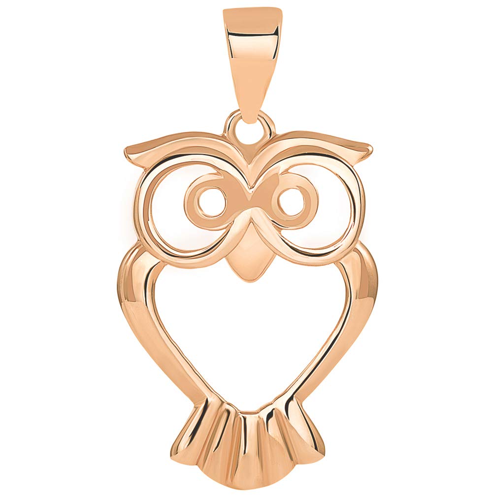 Solid 14k Rose Gold Open Big Eyes Owl Pendant