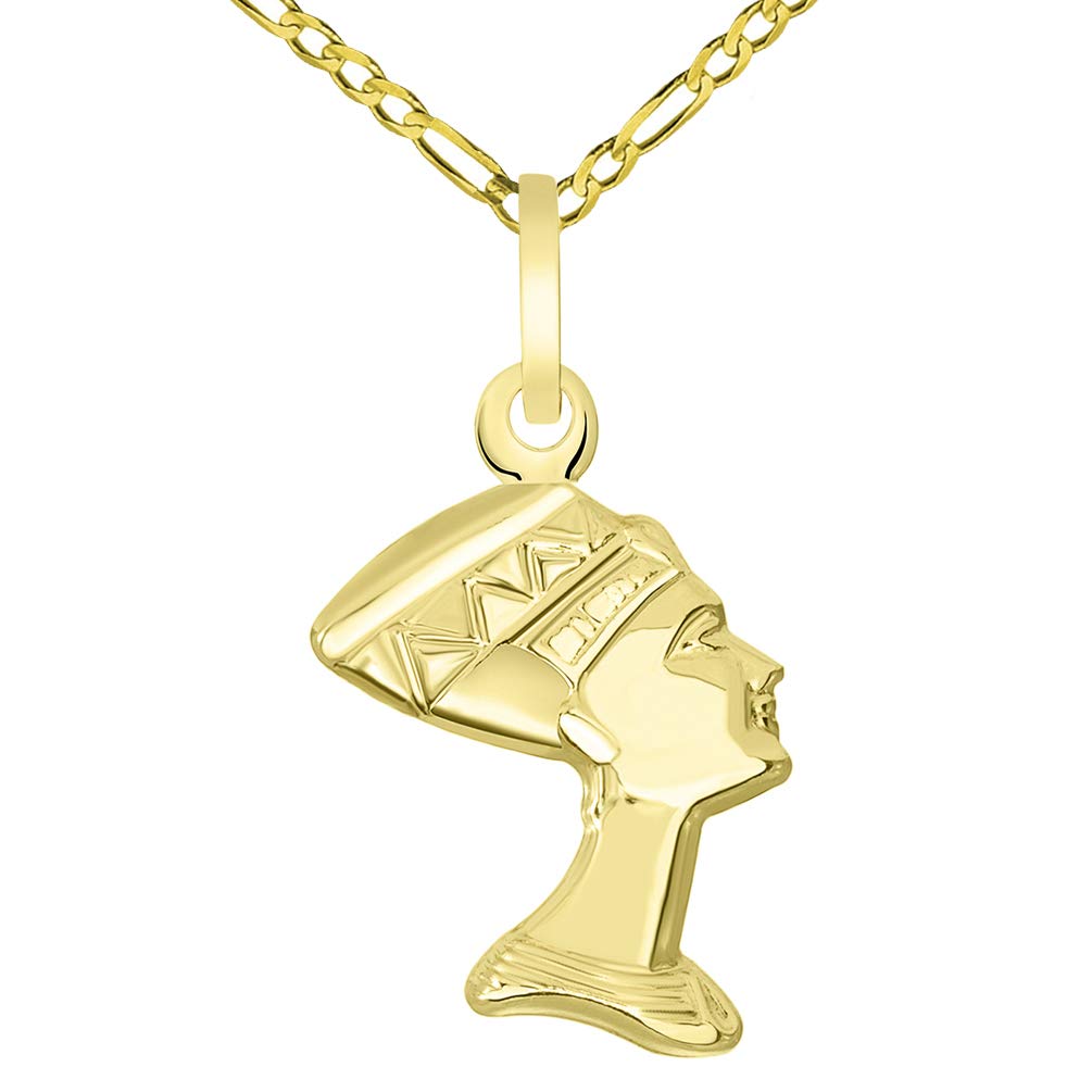 14k Yellow Gold Head of Egyptian Queen Nefertiti Pendant with Rolo Chain Necklace