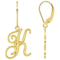 Load image into Gallery viewer, Solid 14k Yellow Gold Elegant Script Letter Cursive Initial Dangle Drop Earrings with Leverback - A to Z
