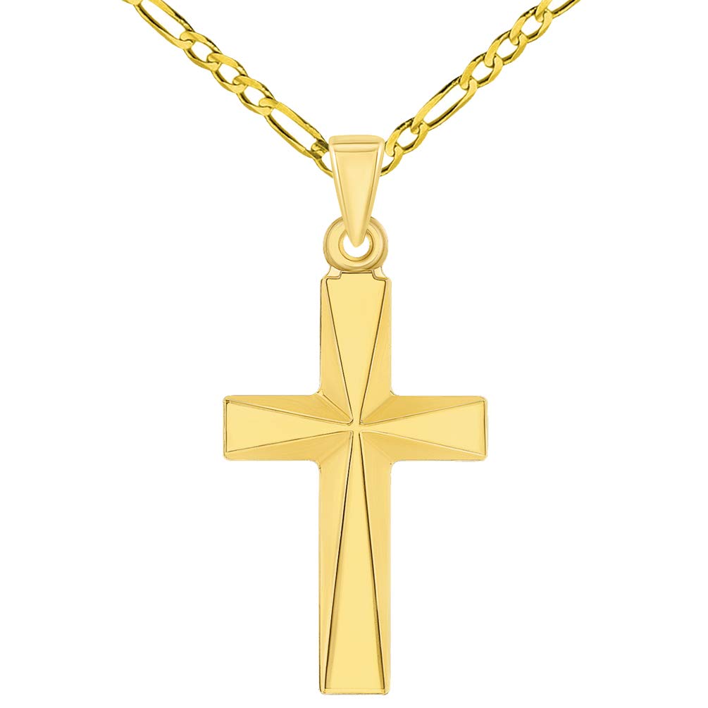 14k Yellow Gold Small Elegant Religious Plain Cross Pendant with Figaro Chain Necklace