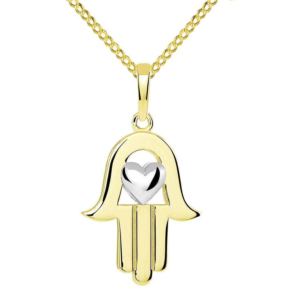 14k Yellow Gold Two-Tone Hamsa Hand of Fatima with Heart Pendant Cuban Necklace