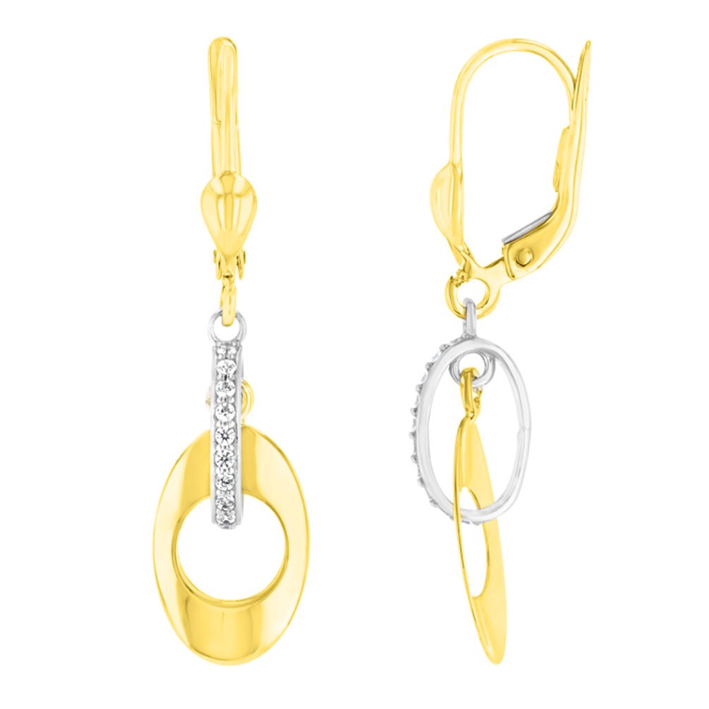 14K Gold and White Gold CZ Studded Double Oval Drop Dangle Earrings - Yellow Gold