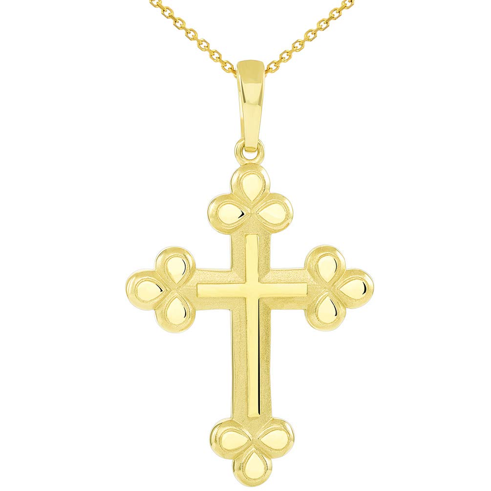 14k Yellow Gold Polished and Matte Finish Christian Eastern Orthodox Cross Pendant Necklace