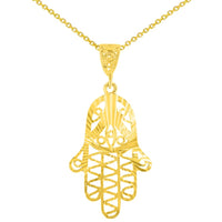 Load image into Gallery viewer, Solid 14K Yellow Gold Filigree Hamsa Charm Textured Hand of God Pendant Necklace
