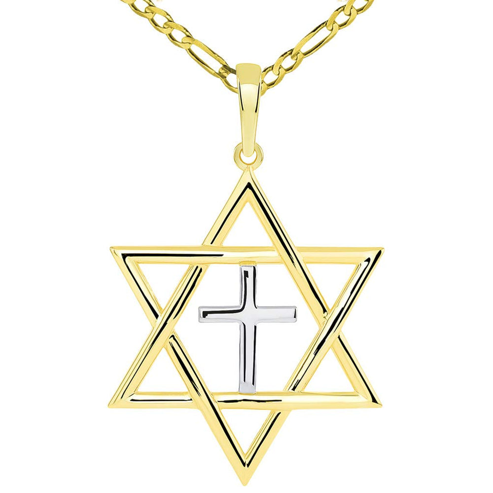 14k Yellow Gold Large Jewish Star of David with Religious Cross Judeo Christian Pendant Figaro Necklace