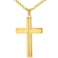 Load image into Gallery viewer, 14k Yellow Gold Crucifix Large Religious Plain Cross Pendant with Figaro Chain Necklace
