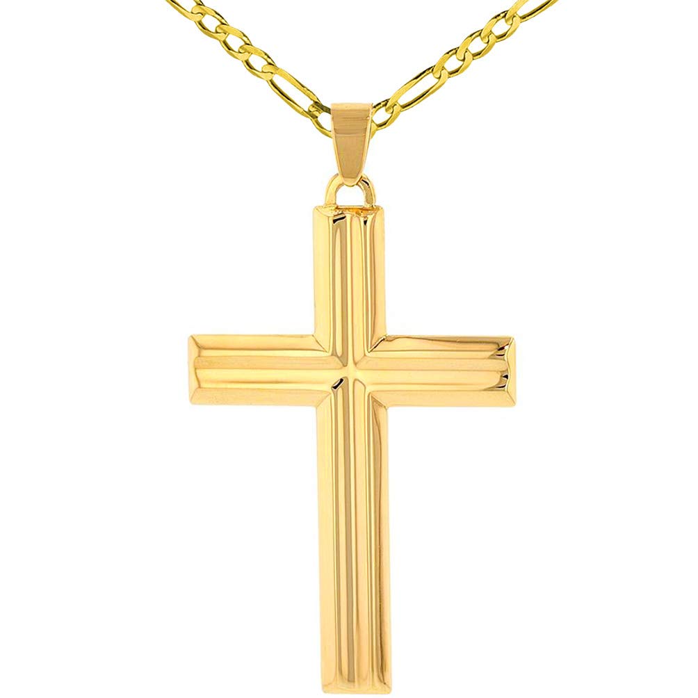 14k Yellow Gold Crucifix Large Religious Plain Cross Pendant with Figaro Chain Necklace