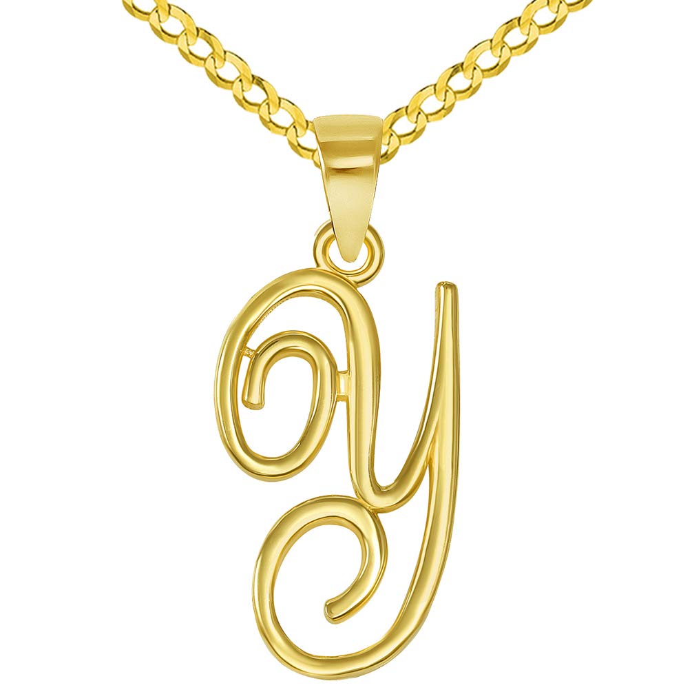 14k Yellow Gold Elegant Script Letter Y Cursive Initial Pendant with Concave Cuban Link Curb Chain Necklace