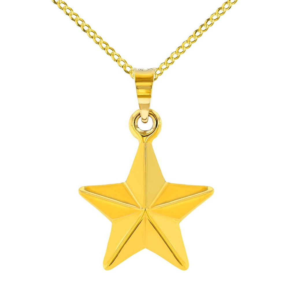 14K Yellow Gold Simple Star Charm Pendant Necklace with Cuban Chain Necklace