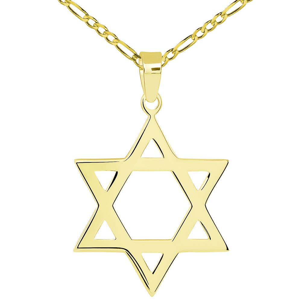 Solid 14k Yellow Gold Classic Hebrew Star of David Pendant with Figaro Necklace