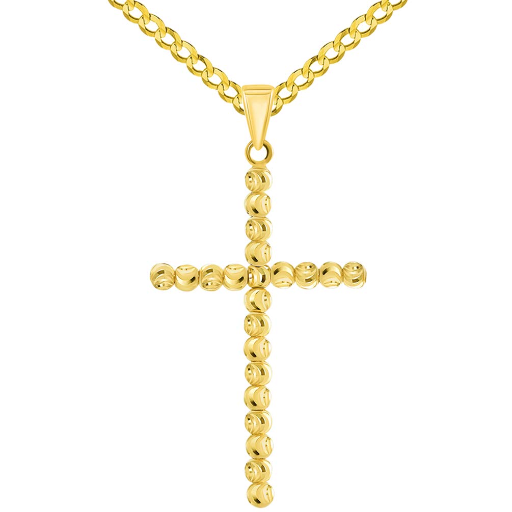 14k Yellow Gold Beaded Moon-Cut Religious Cross Pendant with Curb Chain Necklace