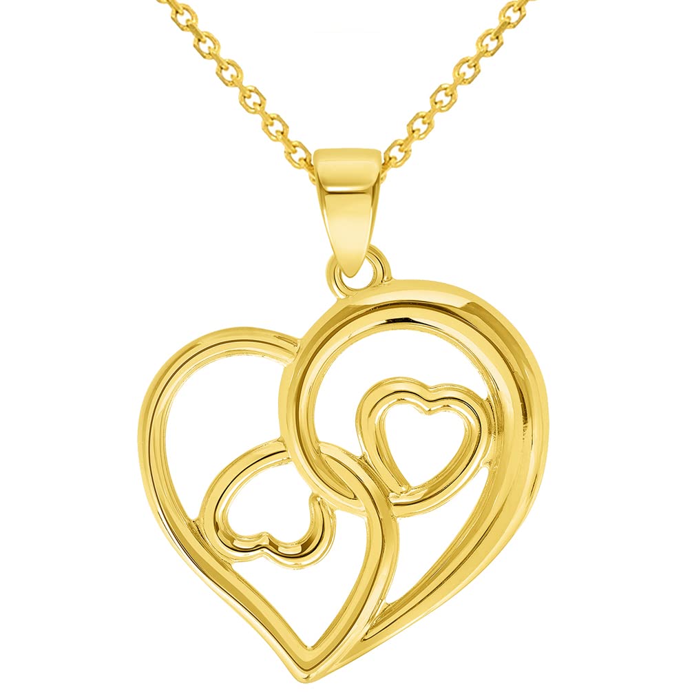 14k Yellow Gold Open Triple Heart Love Symbol Pendant with Cable Chain Necklace