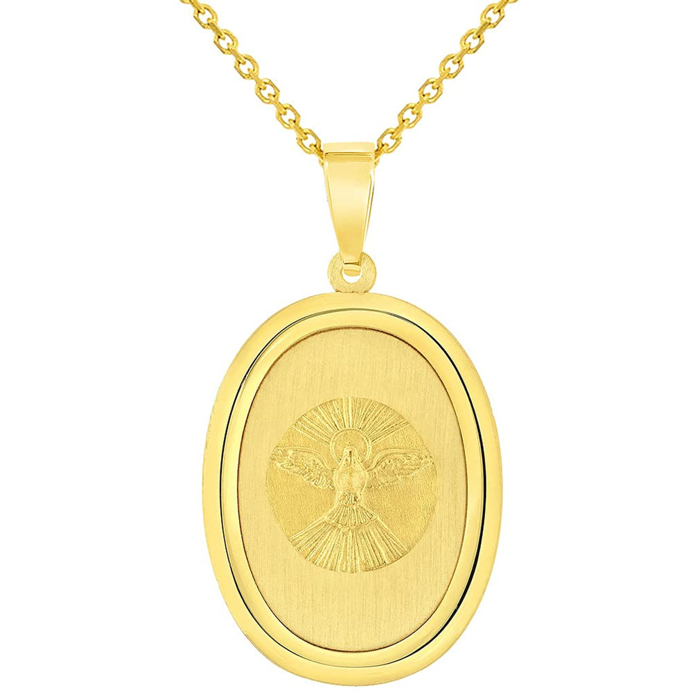 14k Yellow Gold Holy Spirit Dove Religious Oval Medal Pendant Necklace