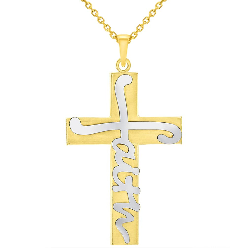 14k Two-Tone Gold Scripted Faith Religious Cross Pendant Necklace