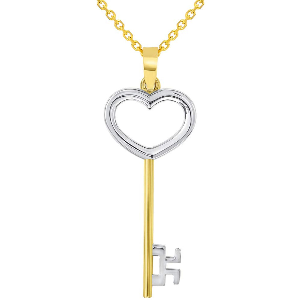 14k Solid Yellow Gold 3D Two Tone Open Heart Shaped Love Key Pendant Necklace