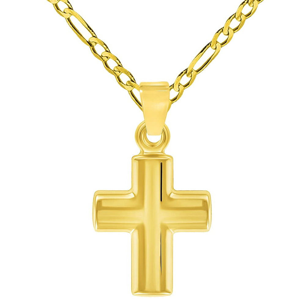 14k Yellow Gold Polished Simple Mini Religious Cross Charm Pendant with Figaro Chain Necklace