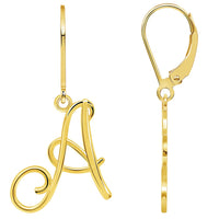 Load image into Gallery viewer, Solid 14k Yellow Gold Elegant Script Letter Cursive Initial Dangle Drop Earrings with Leverback - A to Z
