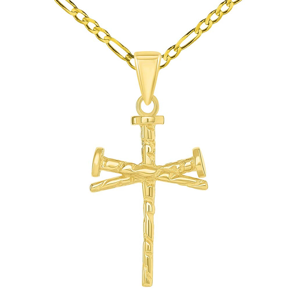 Solid 14k Yellow Gold Religious Nail Cross Charm Pendant with Figaro Chain Necklace