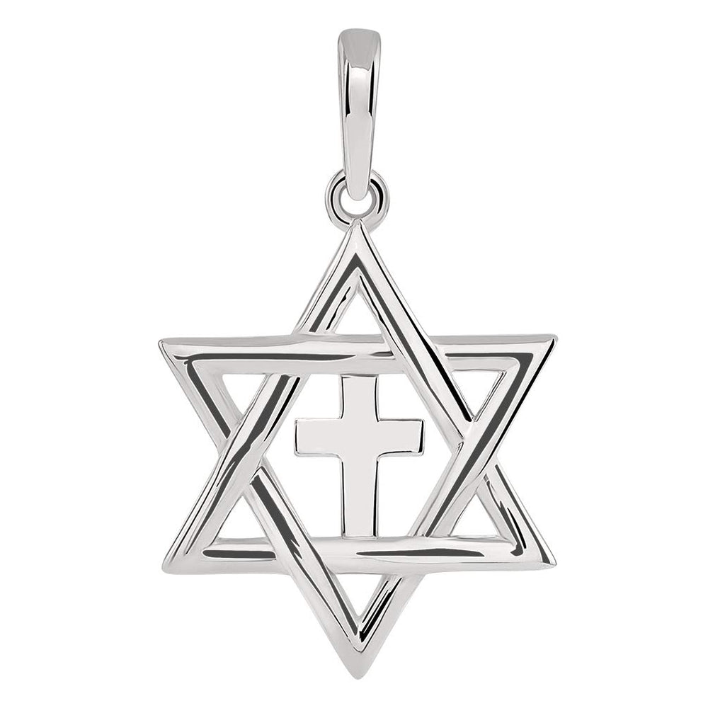 14k White Gold Jewish Star of David with Religious Cross Judeo Christian Pendant (Small)