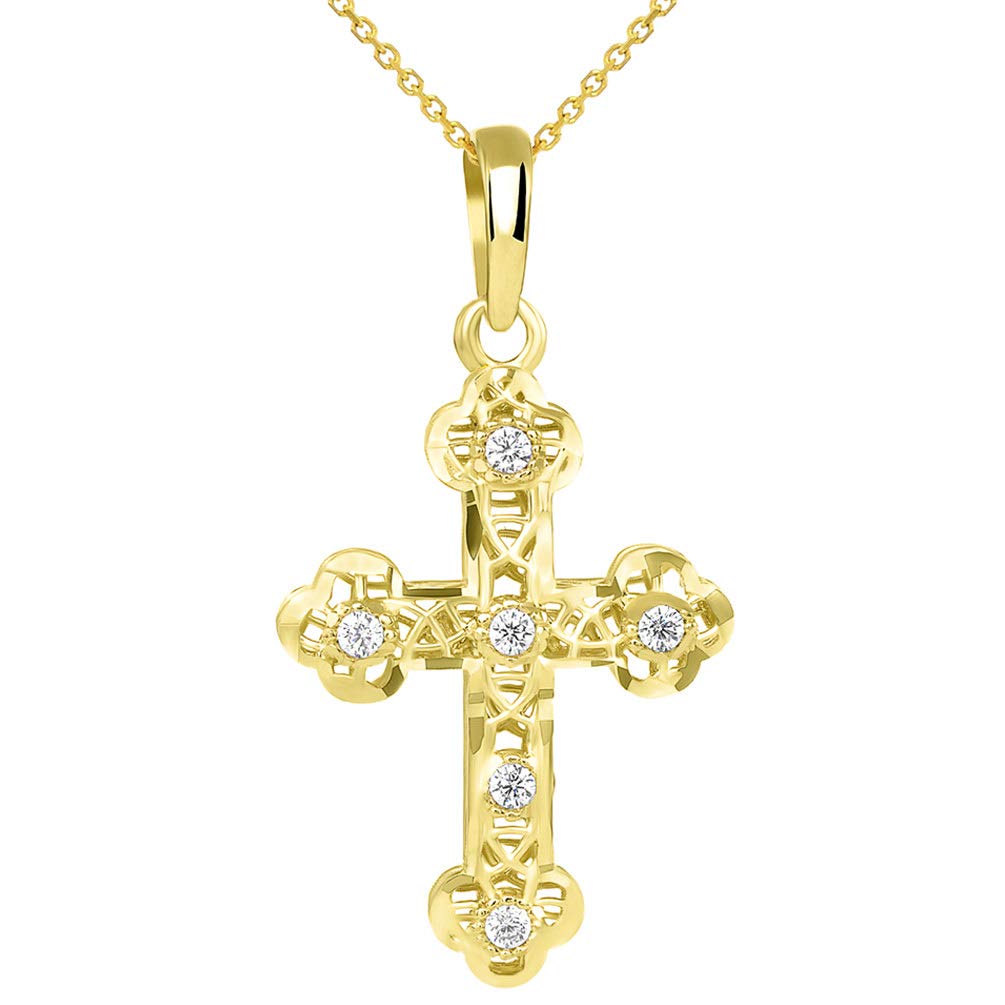 Textured 14K Yellow Gold Filigree Eastern Orthodox CZ Cross Charm Pendant Necklace