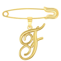Load image into Gallery viewer, 14k Yellow Gold Elegant Script Letter F Cursive Initial Charm with Safety Pin Brooch
