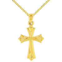 Load image into Gallery viewer, 14k Yellow Gold Fleur de Lis Cross Charm Pendant Necklace with Cuban Concave Chain

