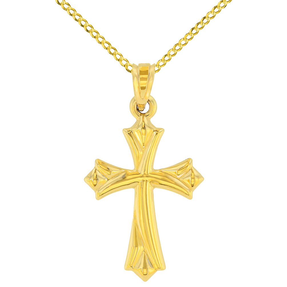 14k Yellow Gold Fleur de Lis Cross Charm Pendant Necklace with Cuban Concave Chain