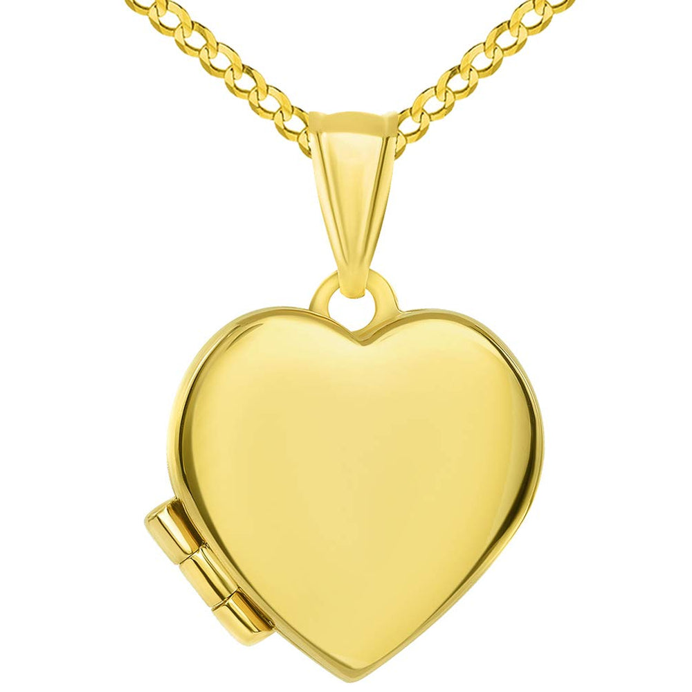 14k Gold Plain and Simple Heart Love Locket Pendant with Curb Chain Necklace - Yellow Gold