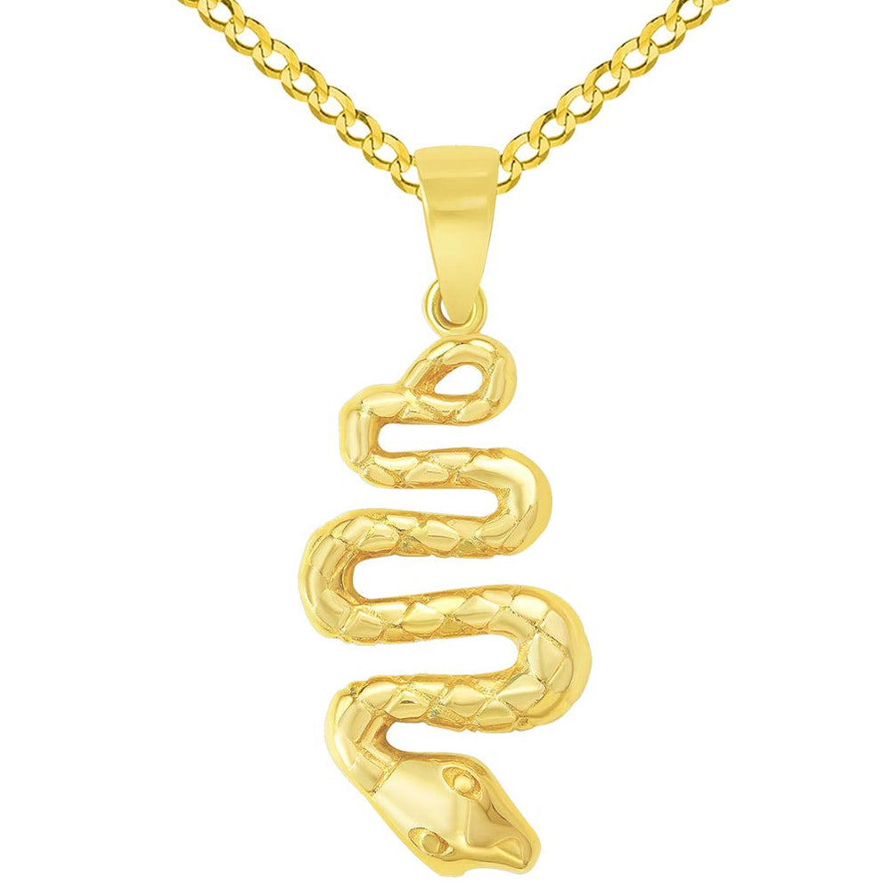 14k Yellow Gold Snake Slithering Down Pendant with Cuban Curb Chain Necklace